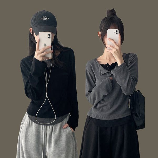 hijjoo（ハイチュー）の「アームカバー🖤 レイヤードムードスナップヘンリーネック長袖Tシャツ（トップス）」