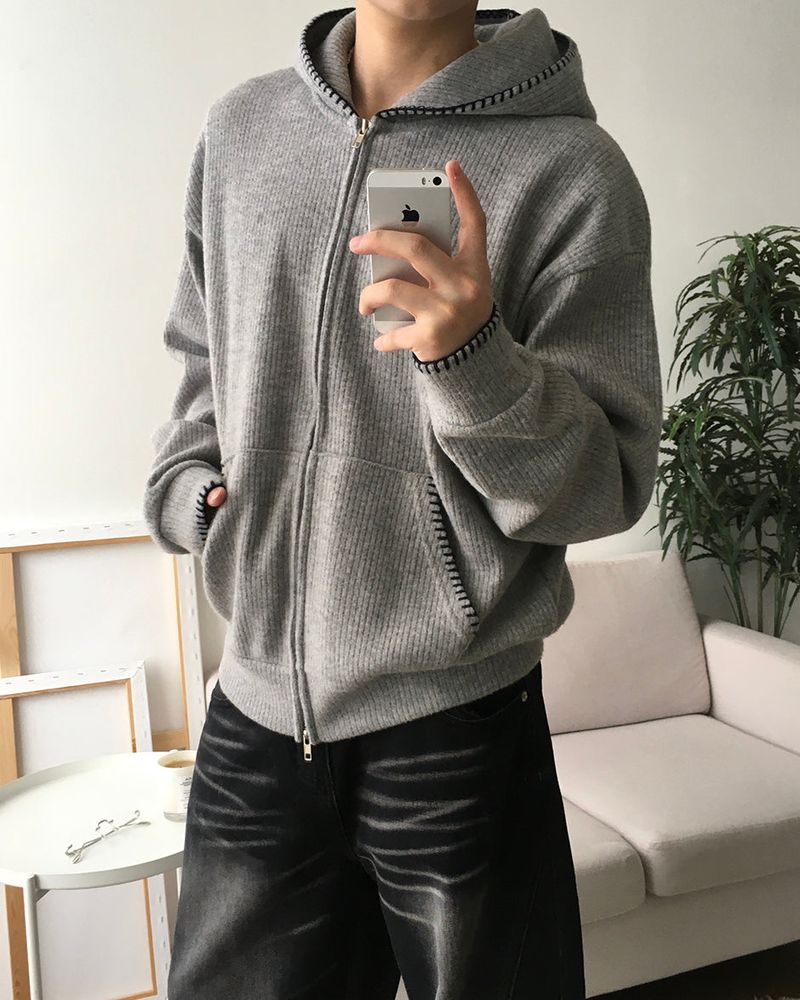 Stitch Knit Hood Zip-up
