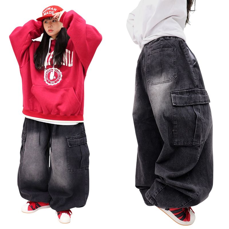 Vintage-Washed Denim Cargo Balloon Pants