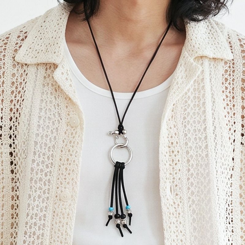 turquoise & leather cord beads necklace black