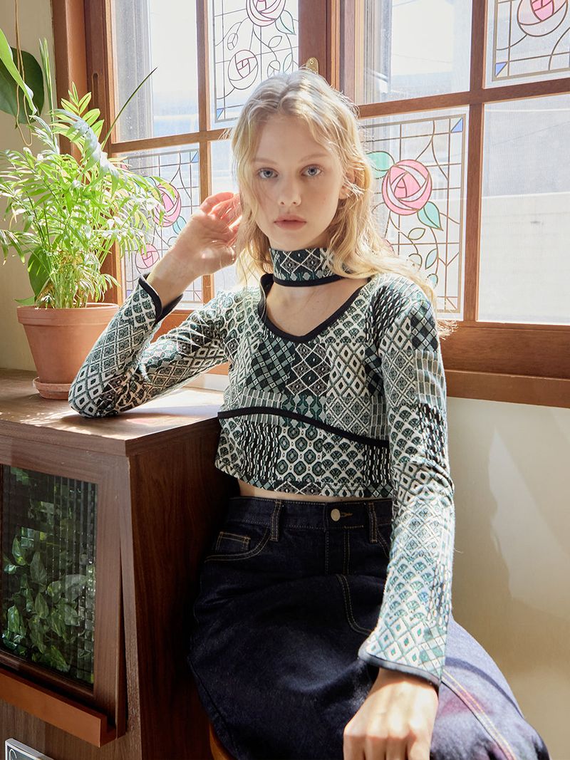Patchwork halterneck Top (Green)