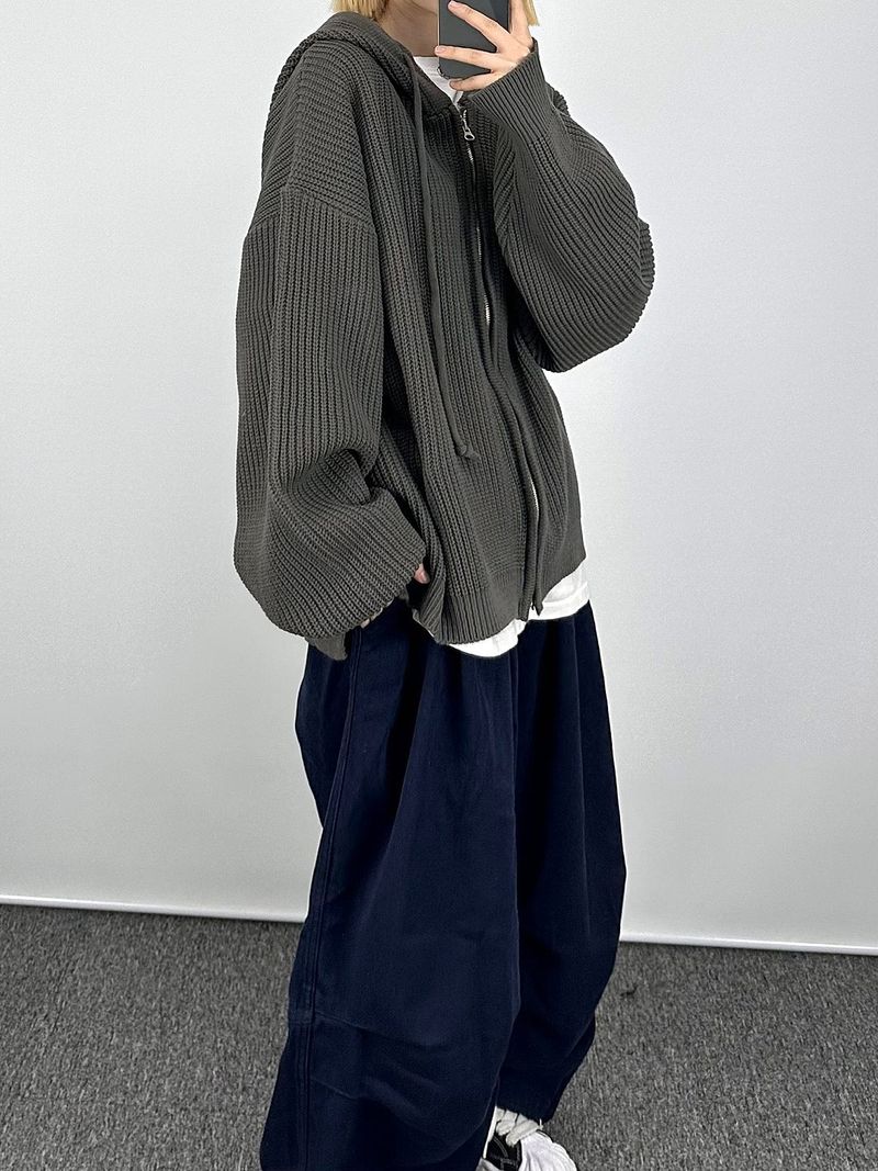 Warm hooded knit zip-up