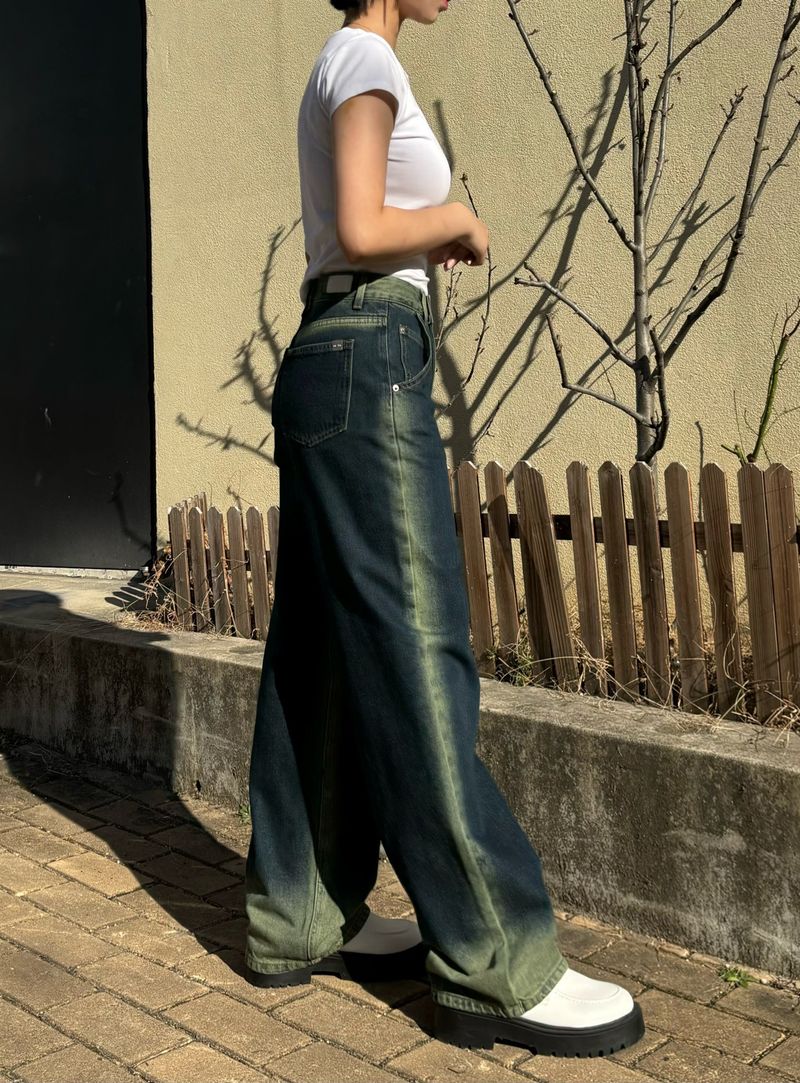 GREENERY COLOR SPRAY DYED WIDE DENIM PANTS code 21017