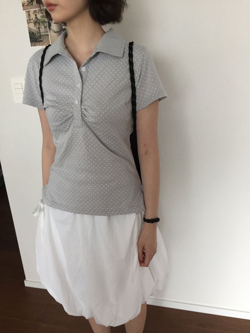 Shirring Dot Collar T-Shirt (3color)