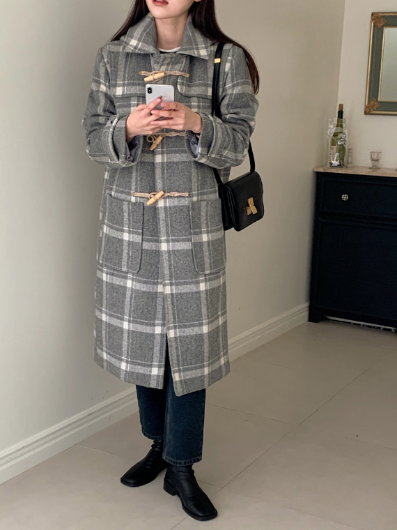 [SHOPPERMADE] Ash Gray Check Wool Long Duffle Coat