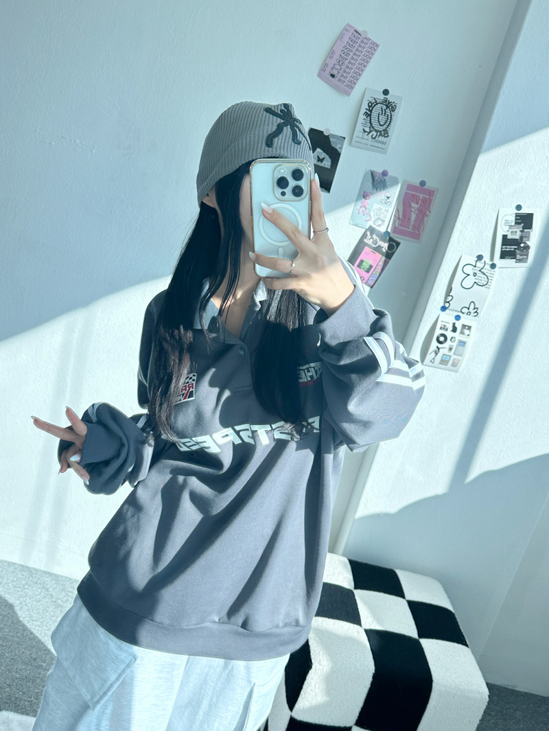 RAGLAN THREE-STRIPE COLLAR SWEATSHIRT🖤🩶🤍 - 3 COLORS