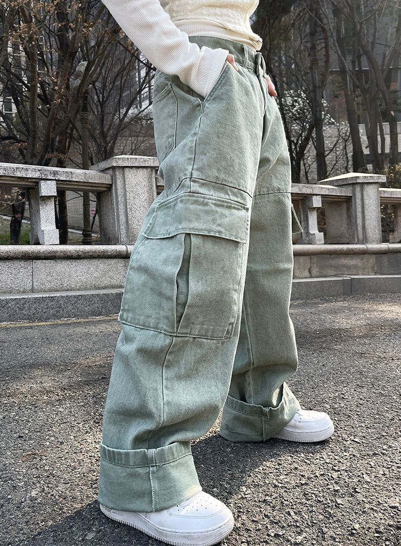 Ding denim slit wide cargo pants