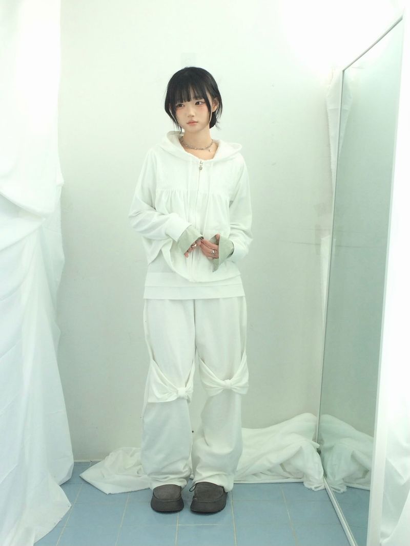 Flower Lace Half-Shirring Hooded Zip-Up