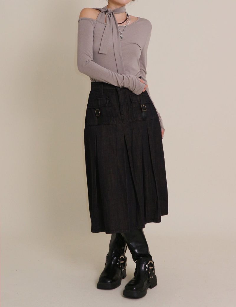 (Napping T-shirt) Euren One Shoulder Ribbon Tie Long-Sleeved Warmer T-Shirt