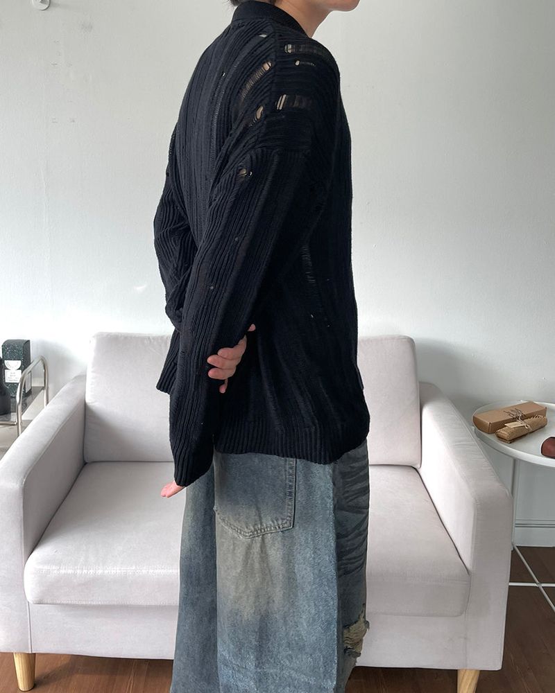 Eyelet Zip-up Knit Cardigan