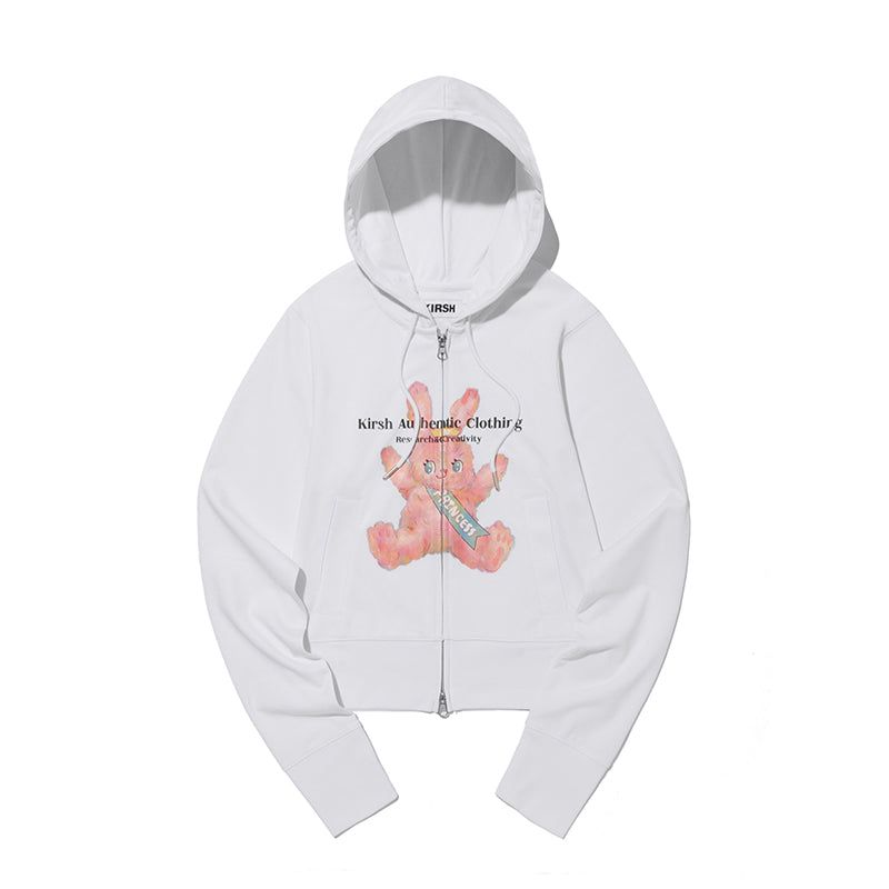 WITTY BUNNY SPLIT GRAPHIC CROP HOODIE ZIP UP [WHITE]