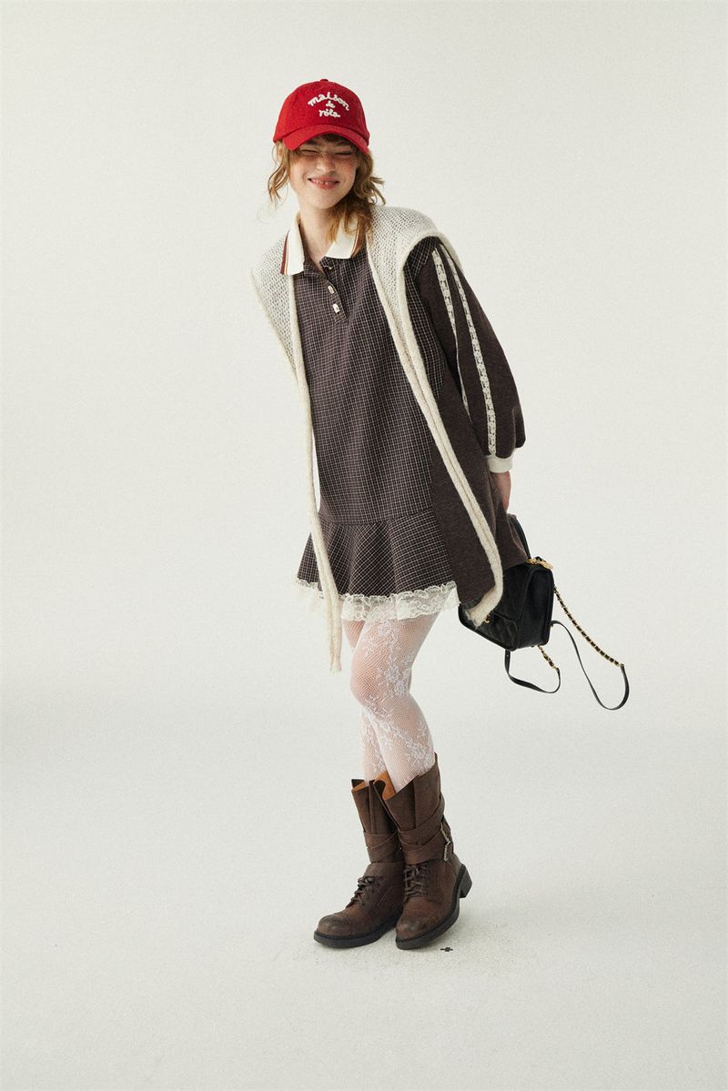 Lace Patchwork Check Sweatshirt Dress