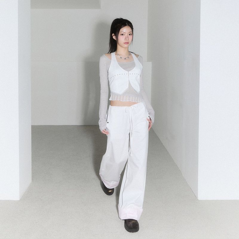 lace layered roll up denim - white