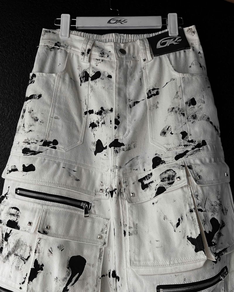 WASH-DENIM CARGO PANTS MULTI POCKET (White)