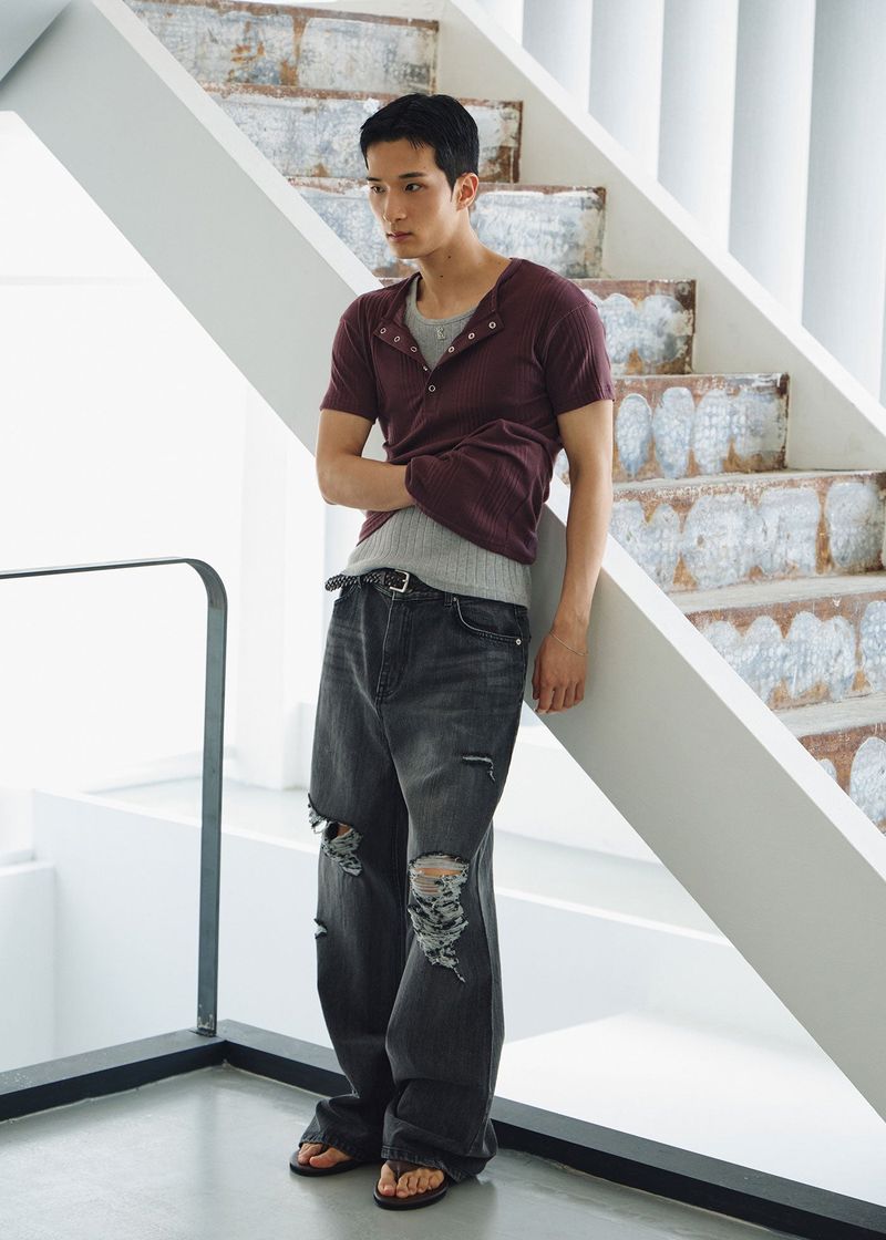 Washed damage wide flare denim pants(Black)