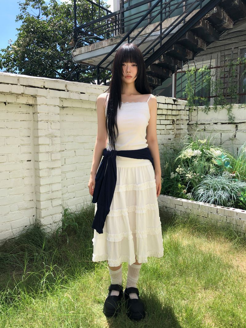 WONDER WONDER(ワンダーワンダー)の「Reba Flare Tiered Midi Skirt(Skirts)」