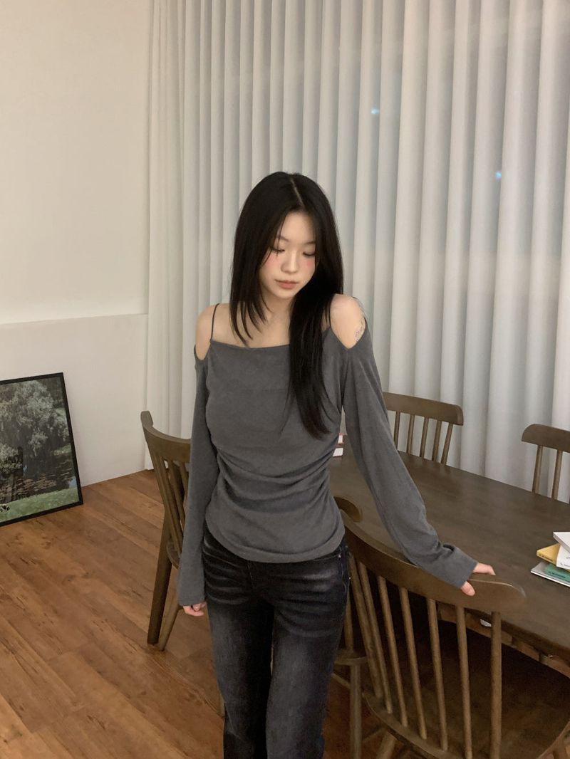 Jenn Muse Off-Shoulder Strap Drape Long Sleeve Top