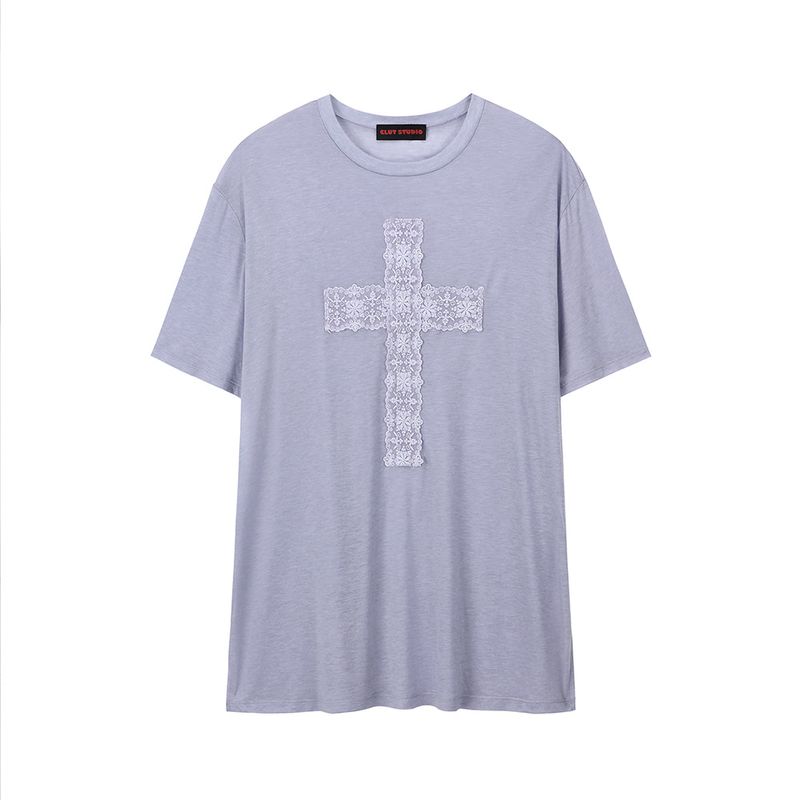 Lace Cross Half T-shirt - BLUE
