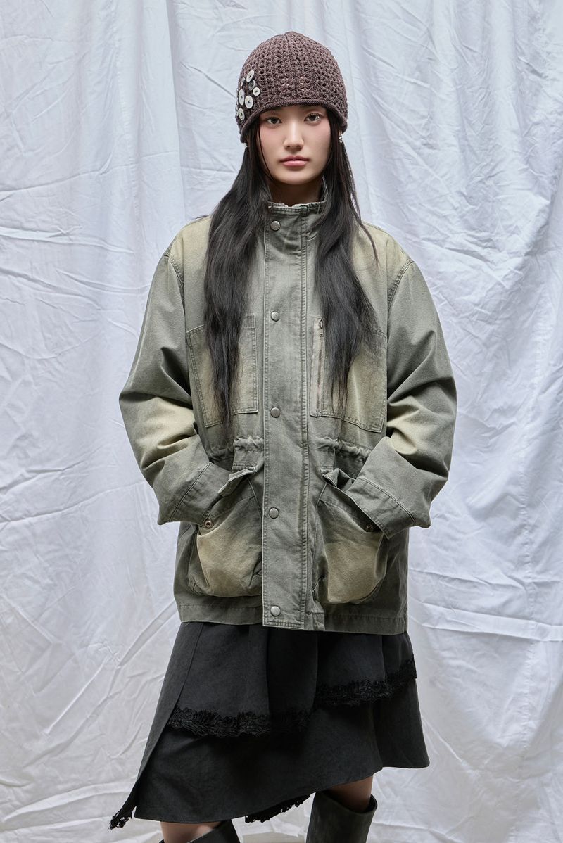 Washed High-Neck Field Jacket_Khaki