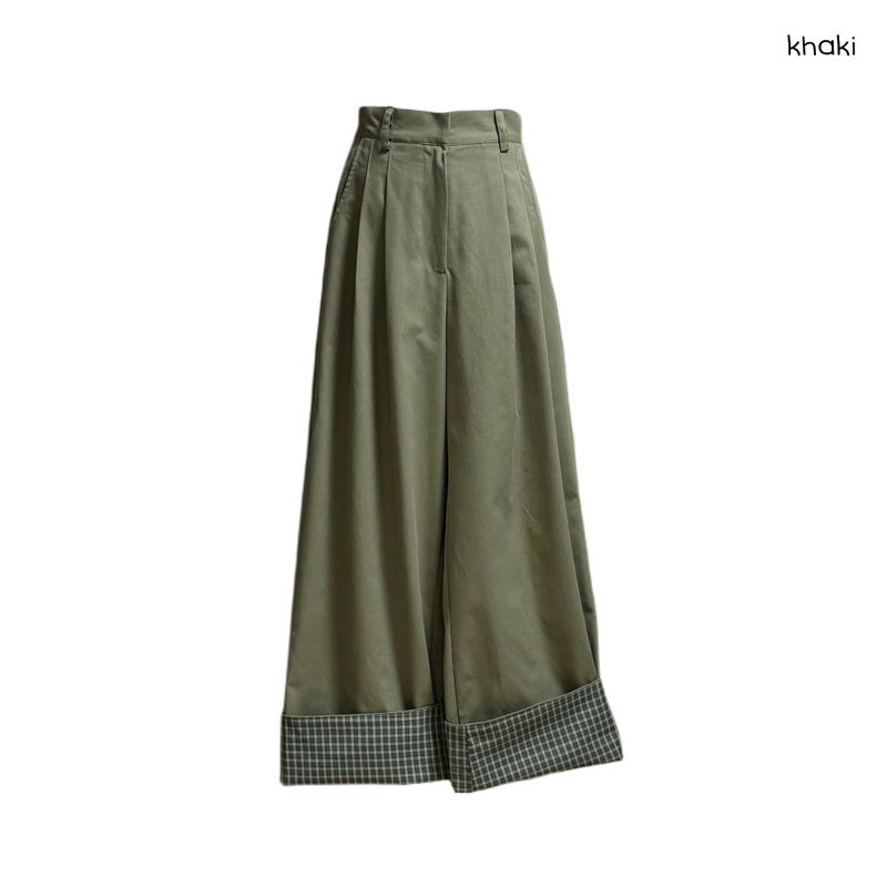 (3color) Check Roll-Up Wide Pintuck Pants