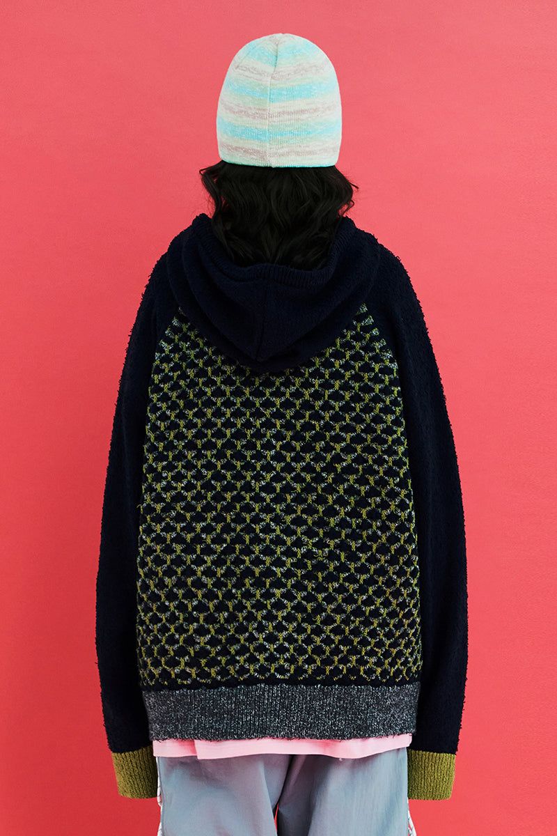EMBOSSING CLOVER KNIT ZIP-UP HOODIE / NAVY