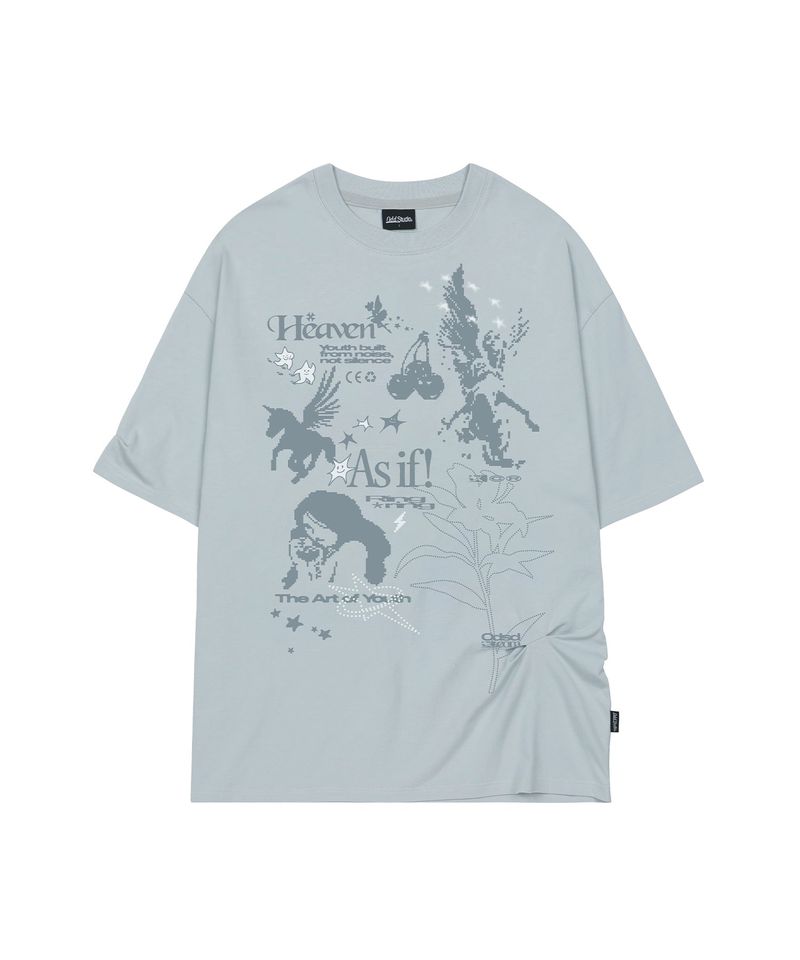 ODDSTUDIO（オッドスタジオ）の「キッチュスタンプピンタックオーバーフィットTシャツ - グレイッシュブルー（トップス）」