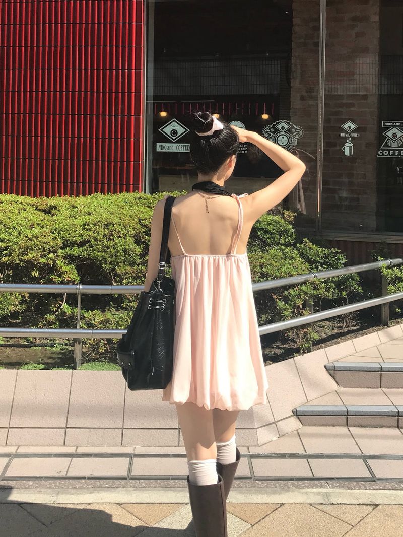 Peach Hug Ribbon Slip Pumkin Sleeveless Mini Dress