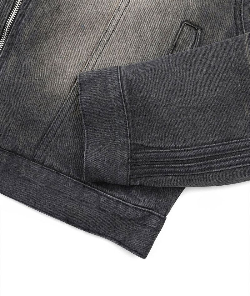Washed Crop Track Denim Jacket - Black
