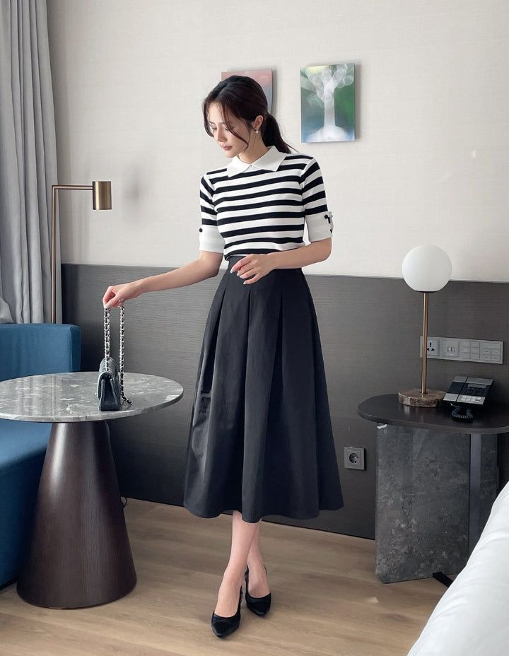 Ez Color Matching Button Short Sleeve Collar Knit