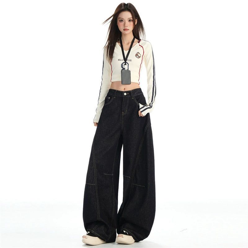 Navy-cut High-waist Mixed Denim Pants