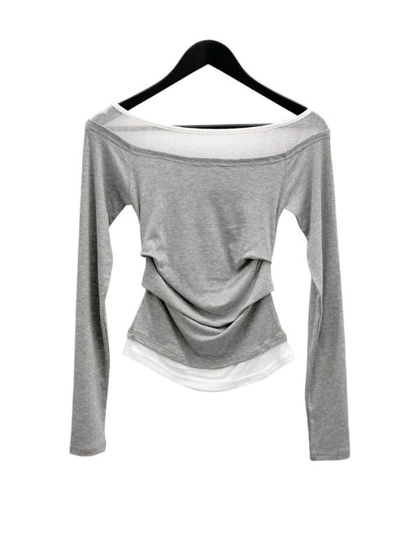 Ribbed Color Matching Layered Pintuck Boat Neck Tee