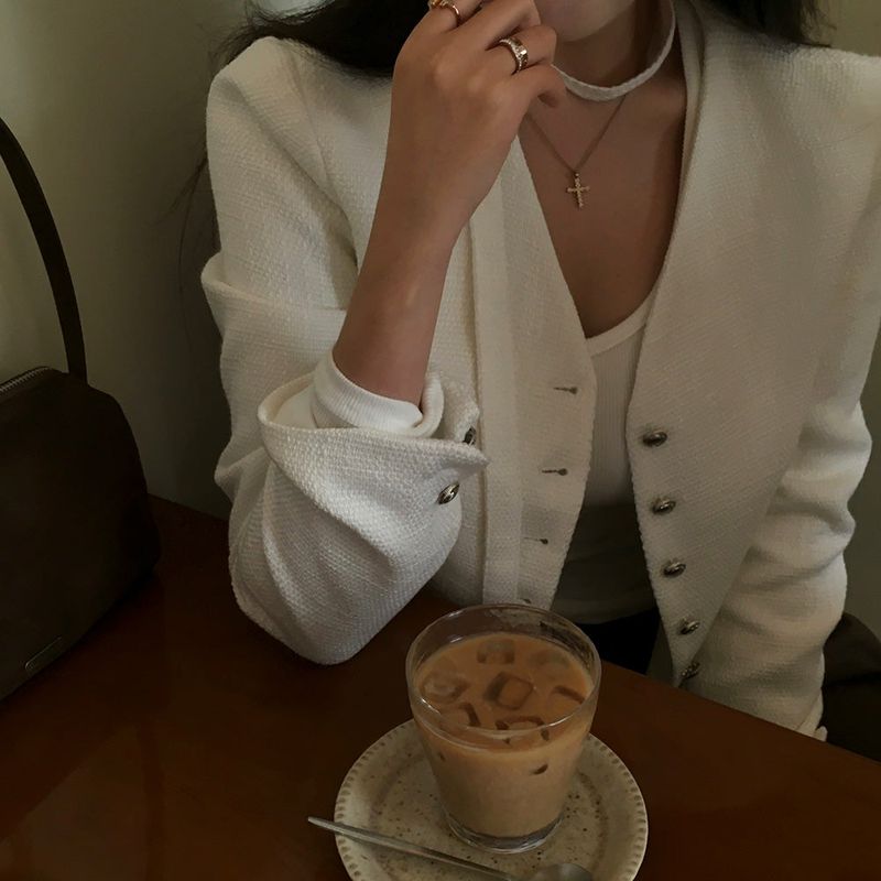 No-Collar Tweed Jacket with Tie Set