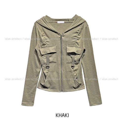 Caro Derring Strap Shirring Hooded Zip-Up