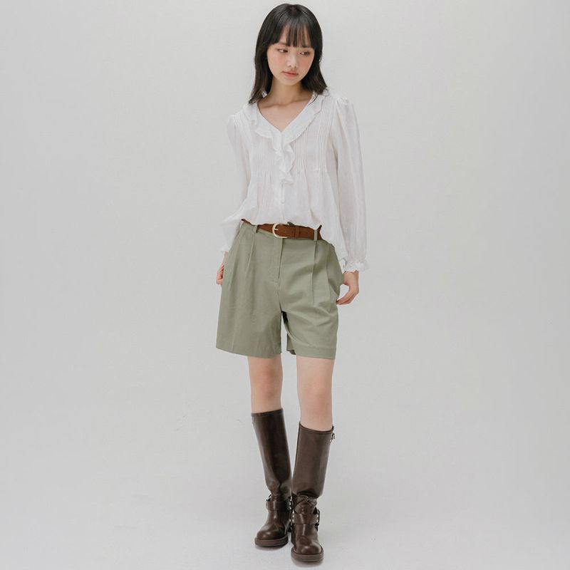 FRILL NECK PINTUCK BLOUSE (WHITE)