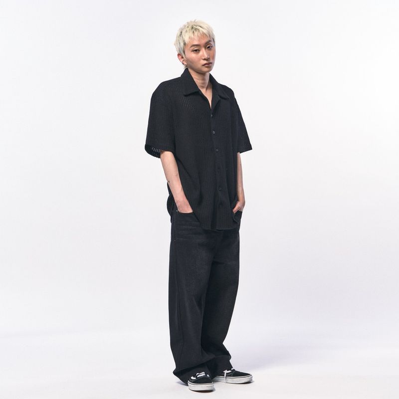C Wear by the Genius(シーウェア バイザジーニアス)の「CROCHET KNIT HALF SHIRTS BLACK(Tops)」
