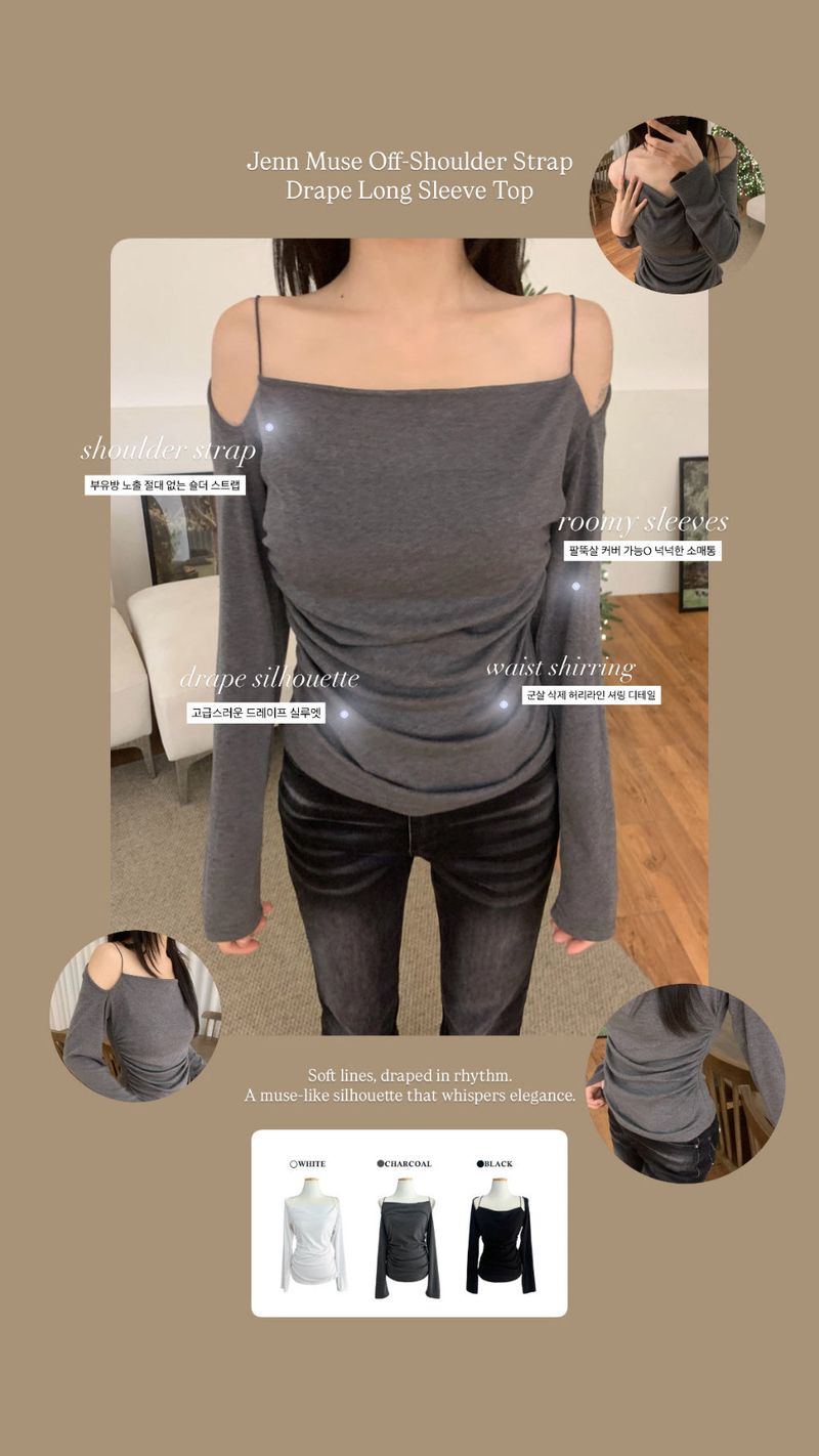 Jenn Muse Off-Shoulder Strap Drape Long Sleeve Top