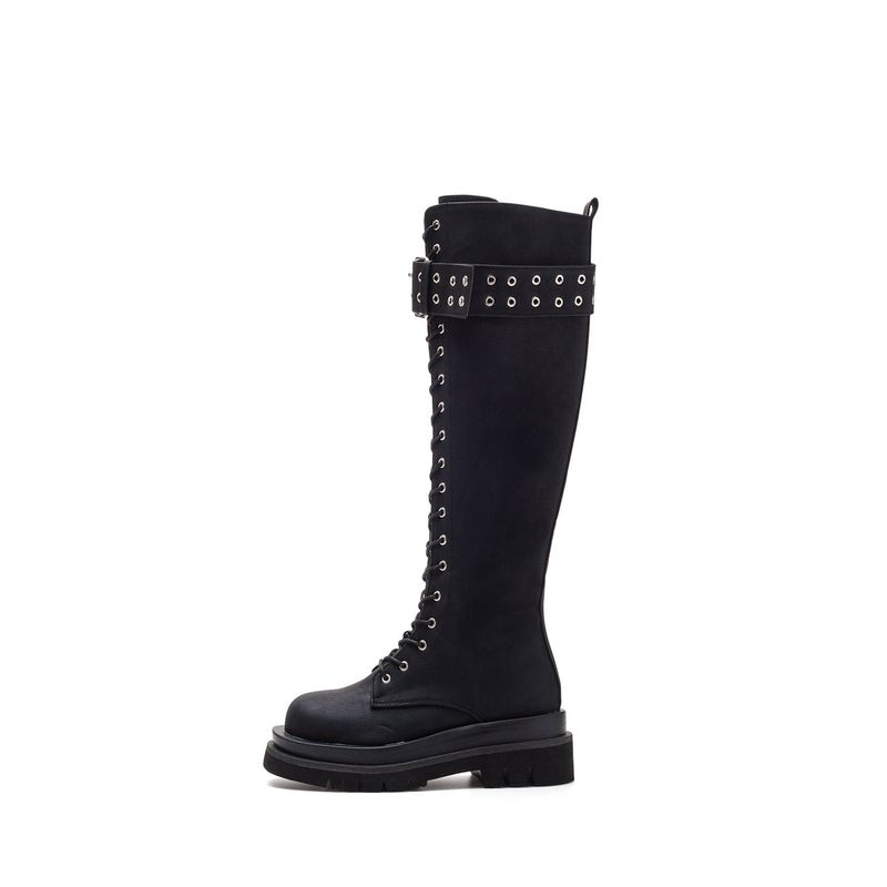 Buckle Lace-Up Walker Boots(Black)