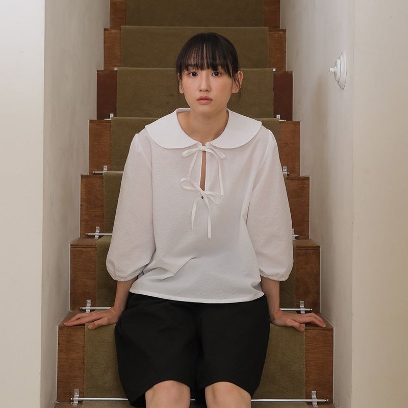 White Seersucker Ribbon Blouse