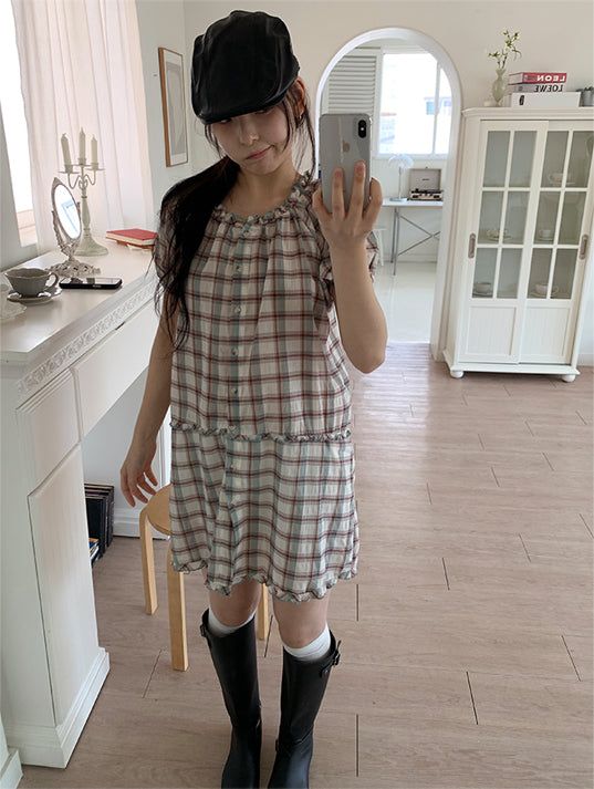 SAGE CHECK FRILL DRESS (2C)