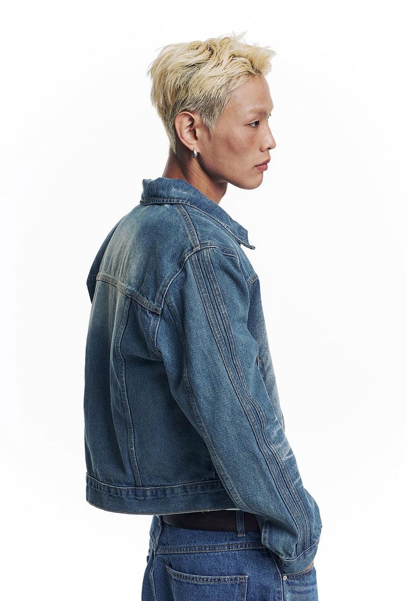 Washed Crop Track Denim Jacket - Deep Blue