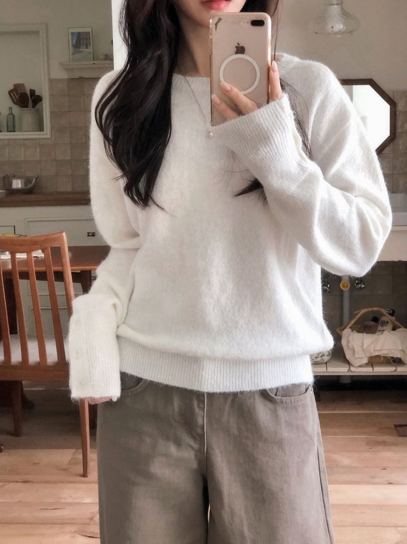 Sleeve Button Loose Wool Round Knit (4color)