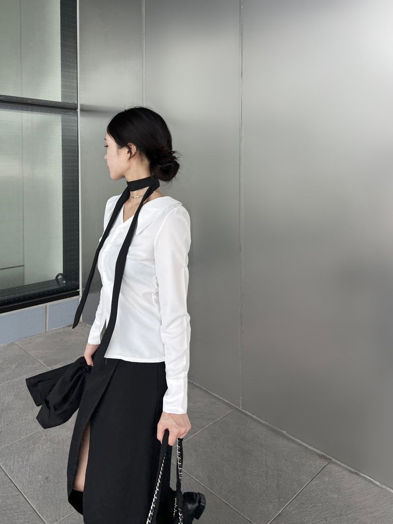 Opening V-neck basic silhouette long sleeve shirt (2 colors)