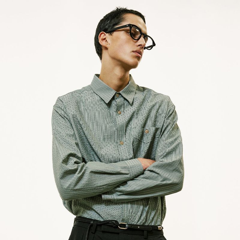 [SET] everyday stripe shirt & square tip knit tie green