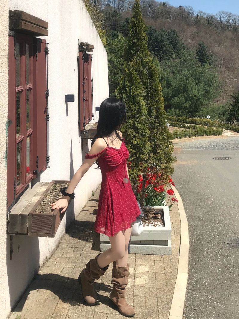 Cherry Kiss Dot Shirring Halter Mini Dress