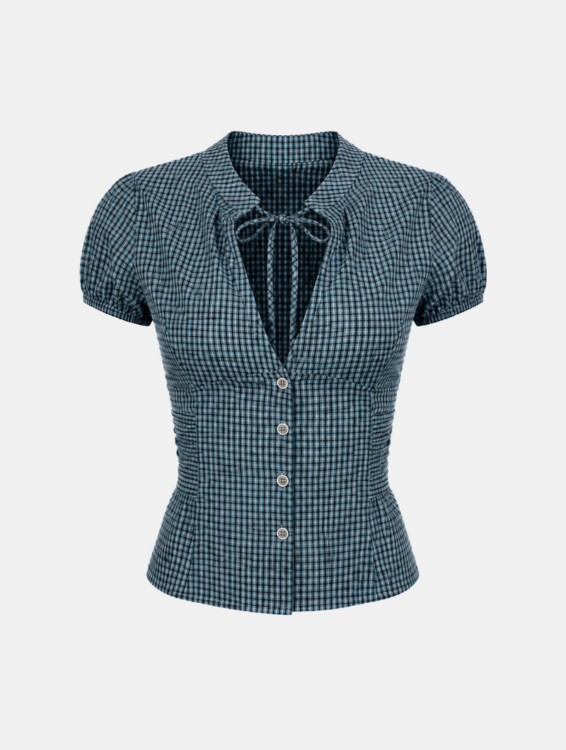 Evia Check Ribbon Blouse