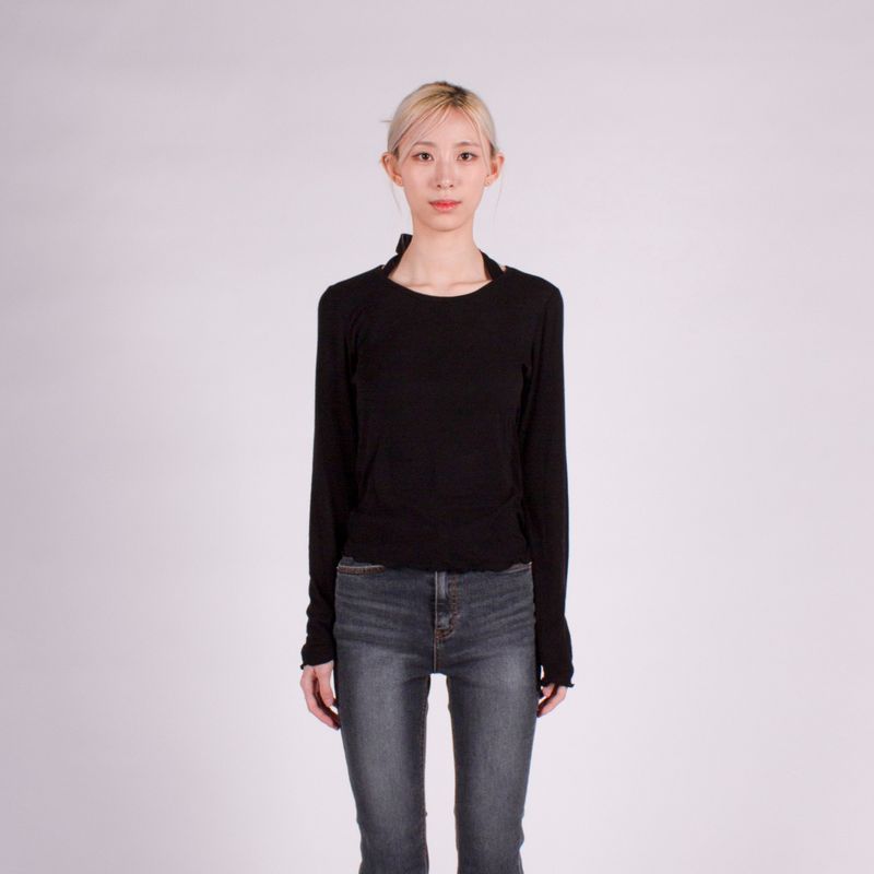 WAVE EDGE ROUND NECK BASIC TENCEL TOP / BLACK
