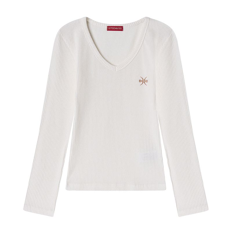 kitsch&kiss（キッチアンドキス）の「RIBBED V-NECK EMBROIDERED LONG SLEEVE (26STP-LSTS01)（Tops）」