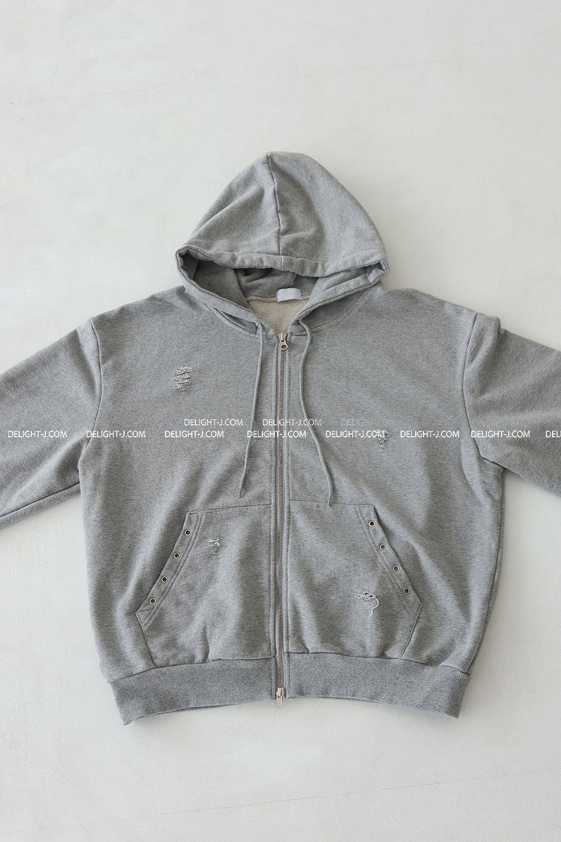 Punching Eyelet Damage Oversized-Fit Hooded Zip-Up