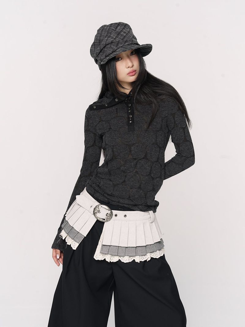 CONFUN Henry rivet patchwork lapel jacquard knitted slim top