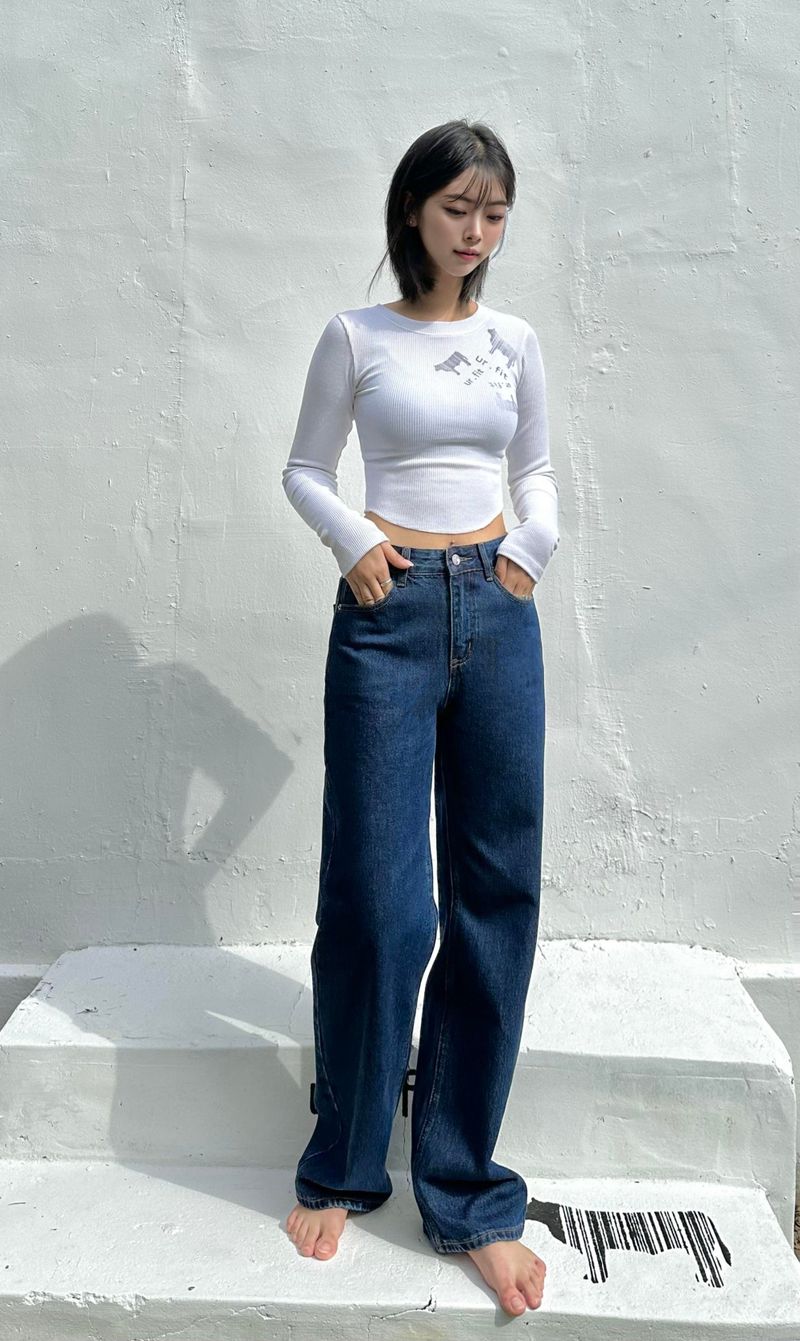 SEMI WIDE DARK BLUE DENIM PANTS code 18306